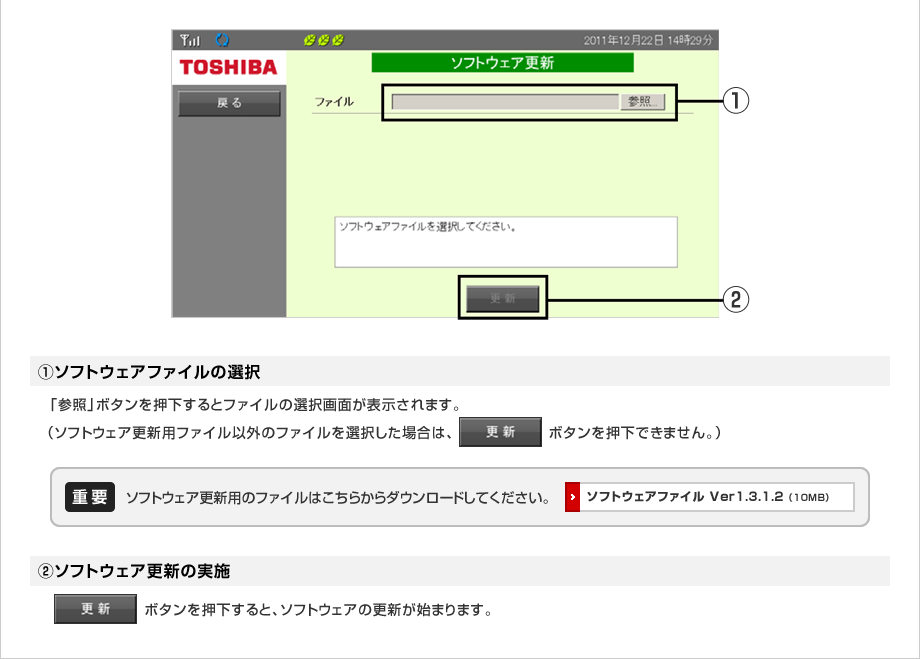  ①ソフトウェアファイルの選択：「参照」ボタンを押下するとファイルの選択画面が表示されます。（ソフトウェア更新用ファイル以外のファイルを選択した場合は、「更新」ボタンを押下できません。） ②ソフトウェア更新の実施：「更新」ボタンを押下すると、ソフトウェアの更新が始まります。