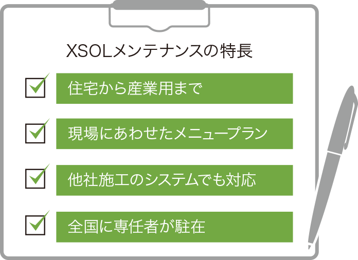 XSOLメンテナンスの特長 住宅から産業用まで 現場に合わせたメニュープラン 他社施工のシステムでも対応 全国に専任者が駐在